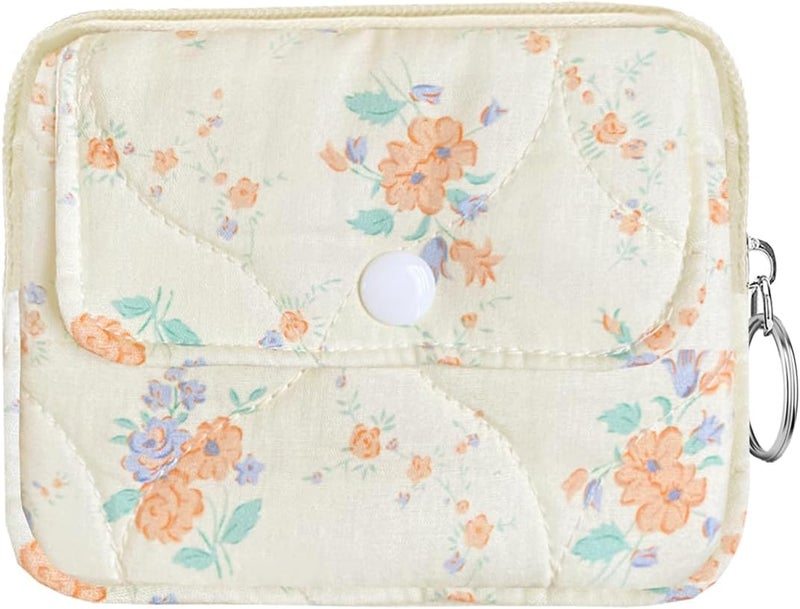 Modacarry Store Cotton Quilted Floral Coin Pouch with Cute Prints Zipper for Women Girls (ORANGE FLOWER) - Image 1